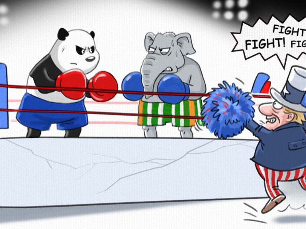 The Global Times cartoon showed the US as a cheerleader for the fight. Picture: Global Times.