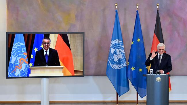 German President Frank-Walter Steinmeier with Tedros Adhanom Ghebreyesus, Director General of the World Health Organisation during talks on the Covax global COVID-19 vaccination program. Picture: AFP