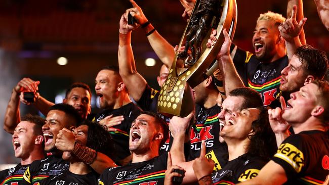 Penrith celebrate with the NRL Premiership Trophy after victory in the 2021 NRL grand final against South Sydney at Suncorp Stadium. Picture: Getty Images