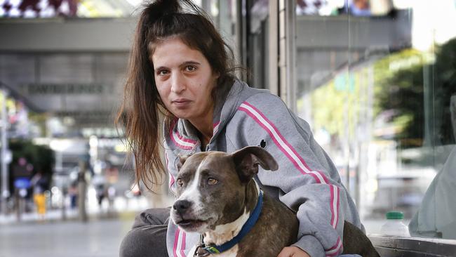 Homeless woman Emily with her dog Jessie. Picture: David Caird