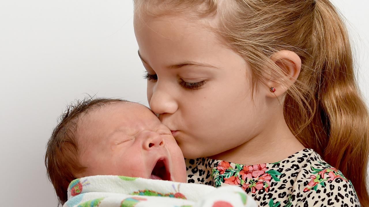 Baby Alex Duncan is a palindrome baby, born on 02/02/2020 and seen here with big sister Jessica, 4. He’s not excited about it, but lots of people who love numbers are. Picture: Naomi Jellicoe