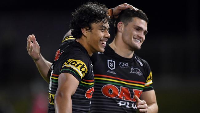 Jarome Luai and Nathan Cleary in action for Penrith. Picture: NRL Photos