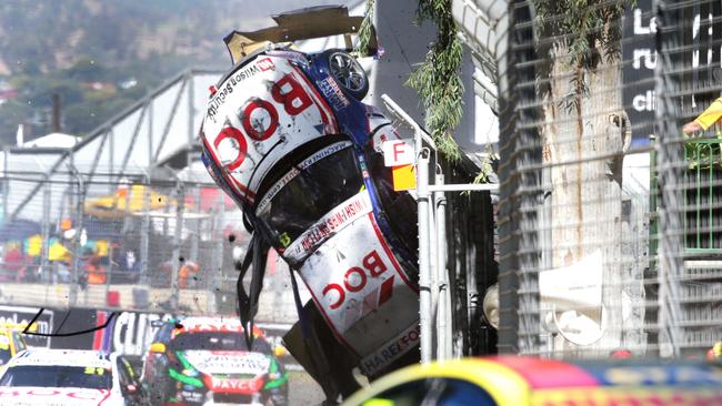 CLIPSAL 500 - SUNDAY - V8 racing in chicane. Jason Bright for BOC crashes in the chicane. PIC SARAH REED.