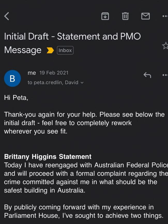 Among the exhibits were emails revealing Ms Higgins’ statement on re-engaging with police had been edited by former Prime Minister Tony Abbott’s ex chief of staff, Peta Credlin. Picture: Supplied