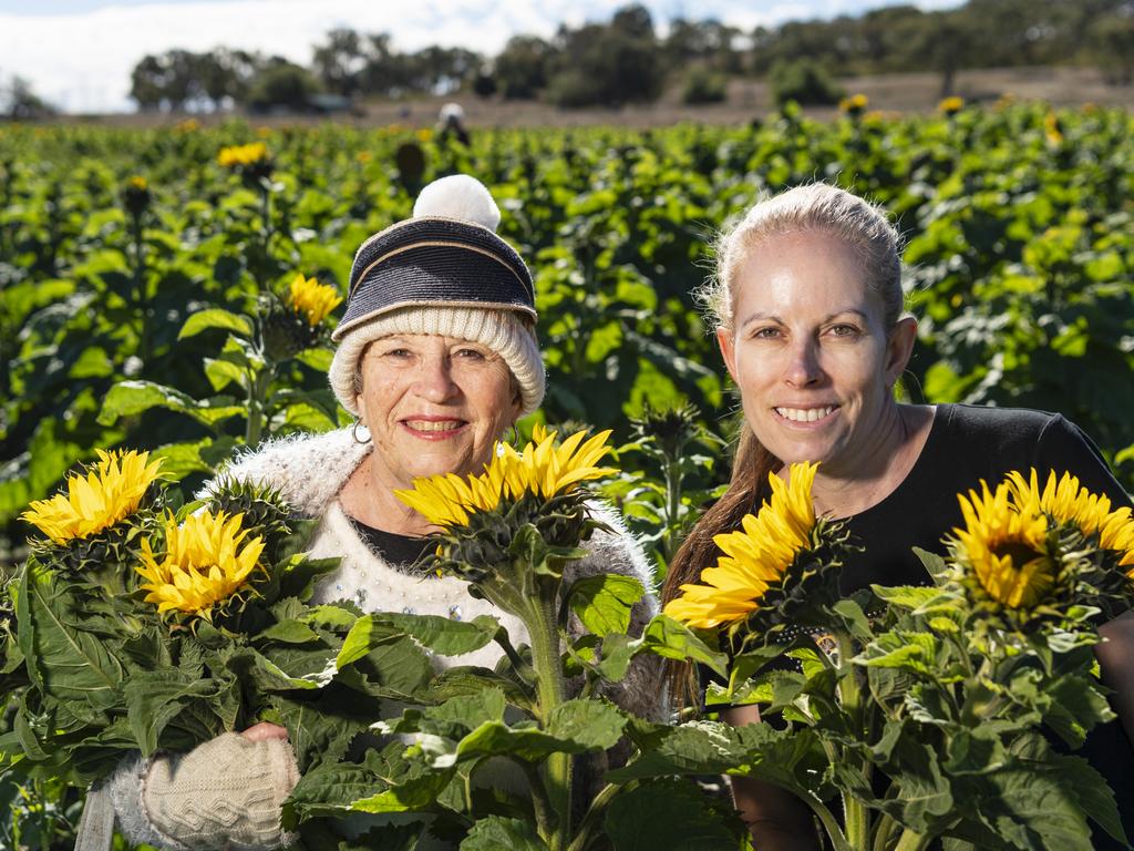 Kathleen (left) and Sharon O'Neill at Warraba Sunflowers, Saturday, June 22, 2024. Picture: Kevin Farmer