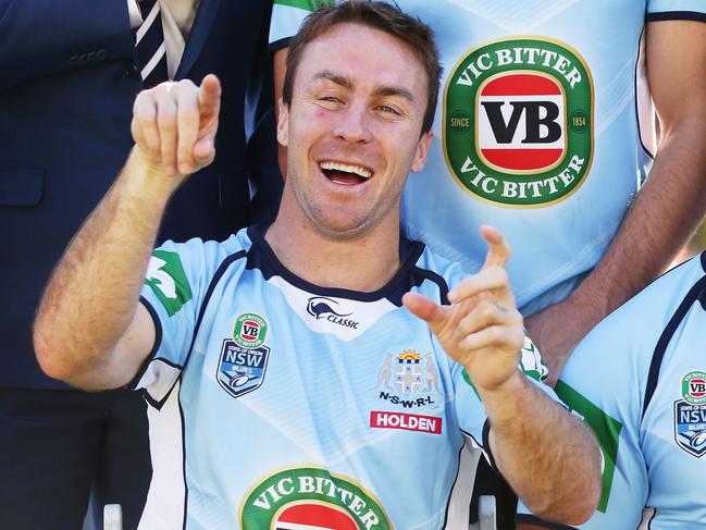 COFFS HARBOUR, AUSTRALIA - MAY 24: James Maloney (L) and Michael Jennings (R) of the Blues pose during a New South Wales Blues NRL State of Origin team photo session at The Novatel on May 24, 2016 in Coffs Harbour, Australia. (Photo by Matt King/Getty Images)