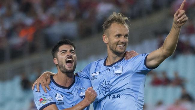 Siem de Jong of Sydney (right) celebrates with Paulo Retre after scoring during the Round 8 A-League match between Western Sydney Wanderers and Sydney FC at ANZ Stadium in Sydney, Saturday, December 15, 2018. (AAP Image/Craig Golding) NO ARCHIVING, EDITORIAL USE ONLY