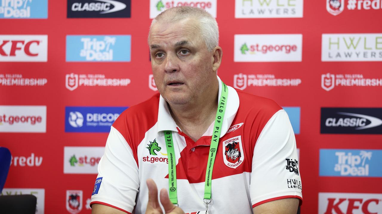 SYDNEY, AUSTRALIA - MARCH 12: Dragons head coach Anthony Griffin speaks to the media after the round two NRL match between the St George Illawarra Dragons and the Gold Coast Titans at Netstrata Jubilee Stadium on March 12, 2023 in Sydney, Australia. (Photo by Matt King/Getty Images)