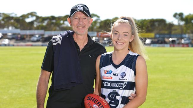 Former South Adelaide player Andrew Brockhurst and daughter Emily, who was first daughter of a past player make her debut in the SANFLW for the club. Picture: AAP/Brenton Edwards