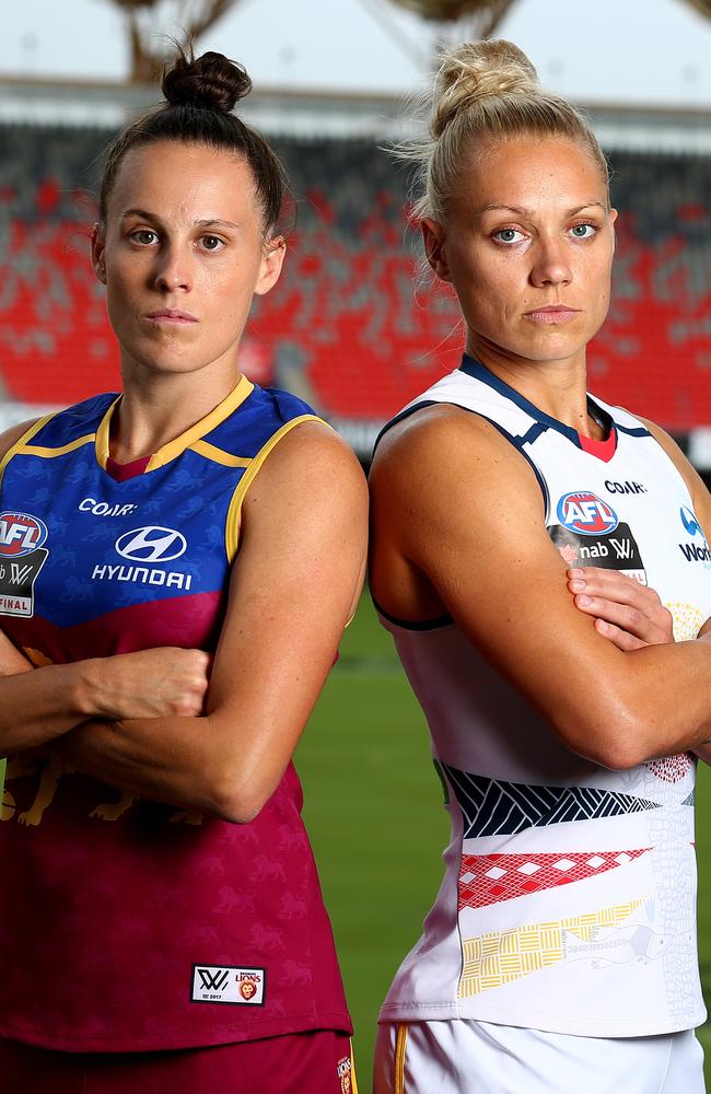 Brisbane Lions captain Emma Zielke and Adelaide Crows captain Erin Phillips.