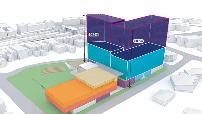 Artist's impression of the Lindfield village hub project, according to the Support Lindfield group. Orange: community centre; green: open space; light blue: seven storeys of residential; dark blue: potential additional levels of residential if FSR is increased to 2.5 to one.