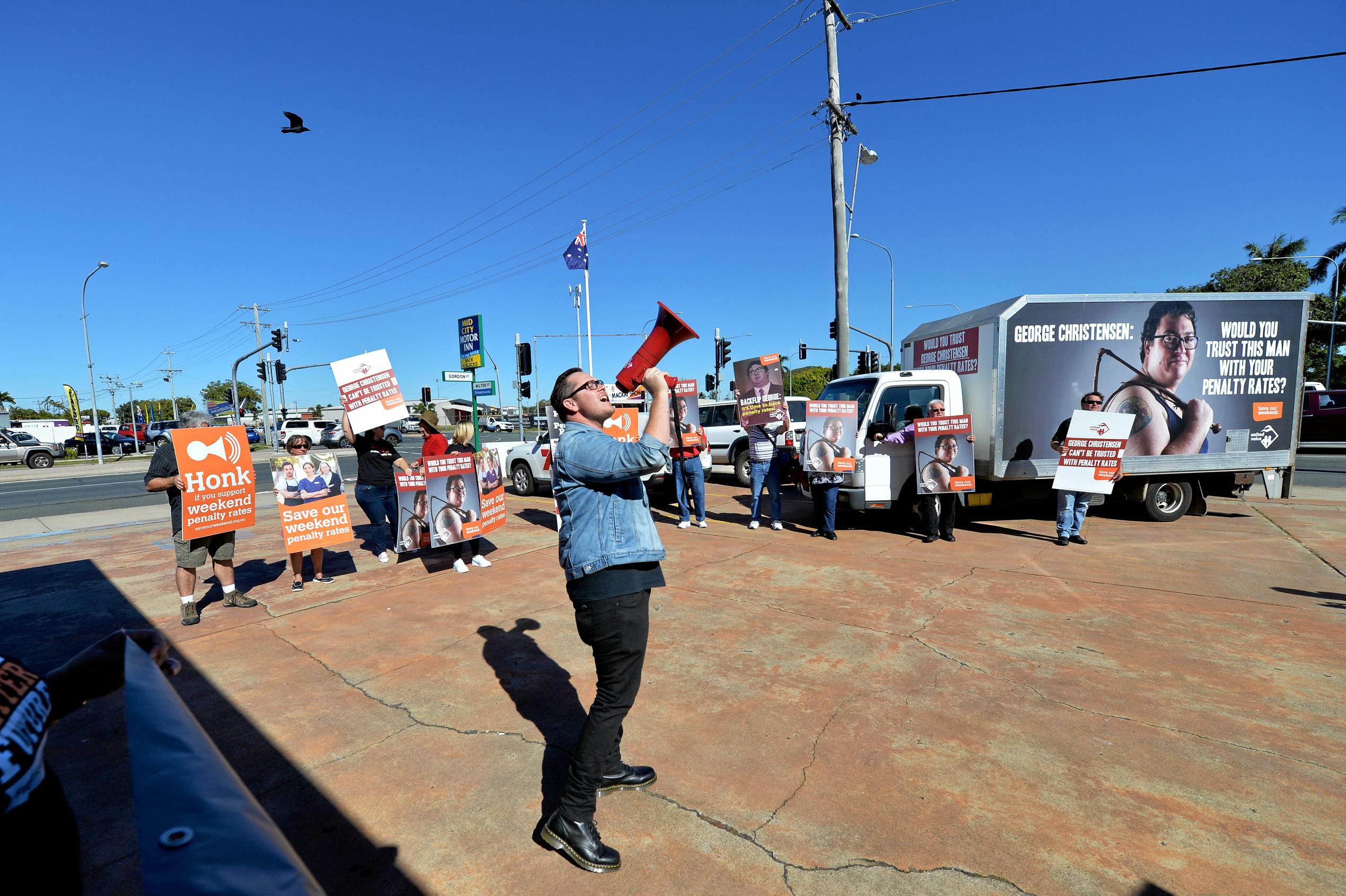 United Voice protesting for penalty rates at MP for Dawson George Christensen office in Mackay. Picture: Stuart Quinn
