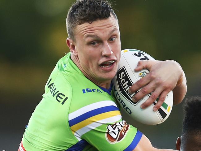 Jack Wighton of the Raiders is tackled by Kevin Naiqama of the Tigers during the Round 15 NRL match between the Wests Tigers and the Canberra Raiders at Campbelltown Stadium in Sydney, Sunday, June 17, 2018. (AAP Image/Brendon Thorne) NO ARCHIVING, EDITORIAL USE ONLY