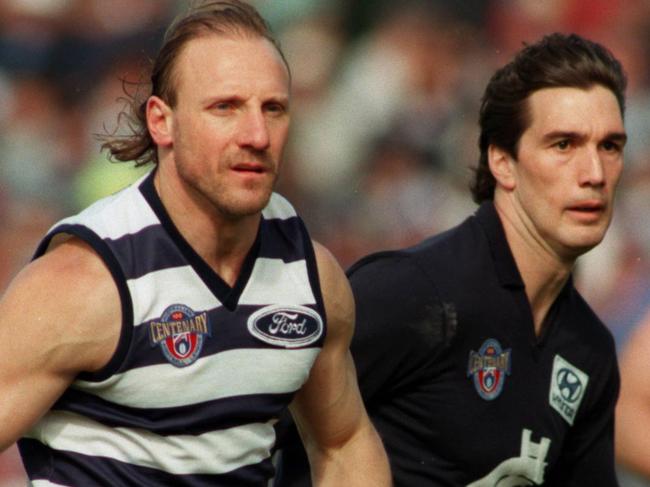 Gary Ablett (L) & Stephen (Steve) Silvagni during Geelong v Carlton AFL match 31/08/96                         Australian Rules A/CT 1996