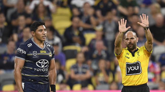 Jason Taumalolo of the Cowboys is sent to the sin bin. Picture: Ian Hitchcock/Getty Images