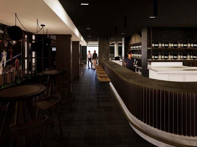 The moody bar design will offset the light interior of the dining area.