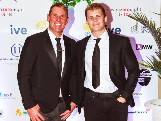 Shane Warne with son Jackson Warne at Poker With The Stars at the Grand Hyatt. Picture: Rosanna Faraci