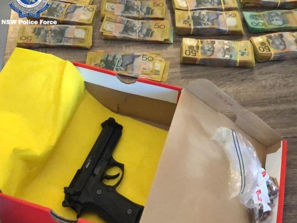 Detectives allegedly found $1.5 million worth methylamphetamine, $110,000 cash and a handgun in Sydney’s south west. Picture: NSW Police