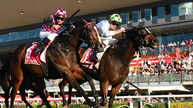 James McDonald and Sunshine In Paris prevail in a tight finish with Rothfire in the Group 1 Doomben 10,000. Picture: Grant Peters/Trackside Photography