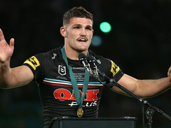 SYDNEY, AUSTRALIA - OCTOBER 01:  Nathan Cleary of the Panthers receives the Clive Churchill Medal after winning the 2023 NRL Grand Final match between Penrith Panthers and Brisbane Broncos at Accor Stadium on October 01, 2023 in Sydney, Australia. (Photo by Matt King/Getty Images)