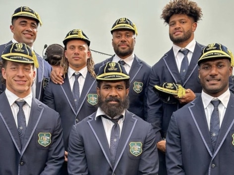 Wallabies players with Fijian heritage (L-R) Mark Nawaqanitawase, Langi Gleeson, Issak Fines-Leleiwasa, Marika Koroibete, Samu Kerevi, Rob Valetini, Suliasi Vunivalu. CREDIT:INSTAGRAM