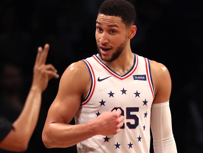 NEW YORK, NEW YORK - APRIL 18: Ben Simmons #25 of the Philadelphia 76ers reacts to a foul call in the fourth quarter against the Brooklyn Nets during game three of Round One of the 2019 NBA Playoffs at Barclays Center on April 18, 2019 in the Brooklyn borough of New York City. NOTE TO USER: User expressly acknowledges and agrees that, by downloading and or using this photograph, User is consenting to the terms and conditions of the Getty Images License Agreement.   Elsa/Getty Images/AFP == FOR NEWSPAPERS, INTERNET, TELCOS & TELEVISION USE ONLY ==