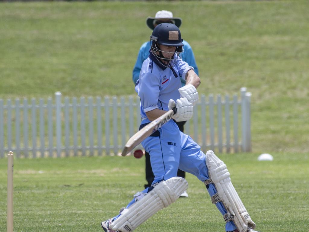 Harrison Tzannes bats for Toowoomba. Mitchell Shield, Toowoomba vs Lockyer. Sunday, January 23, 2022. Picture: Nev Madsen.