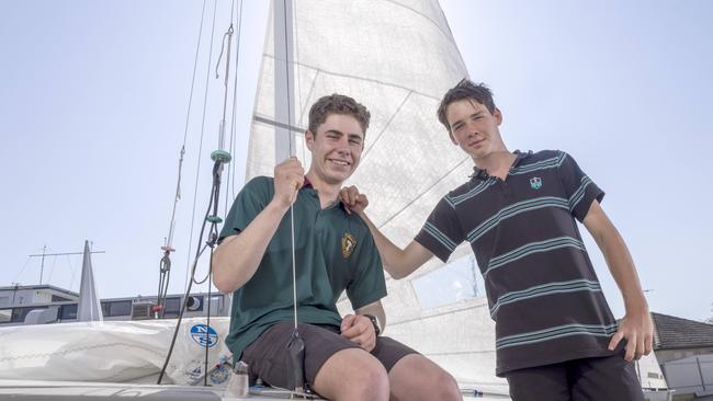 Brighton and Seacliff Yacht Club sailors Ben Hinks (18) and Carter Baker (15) are finalists for the School Sports Awards. Picture: by Kelly Barnes