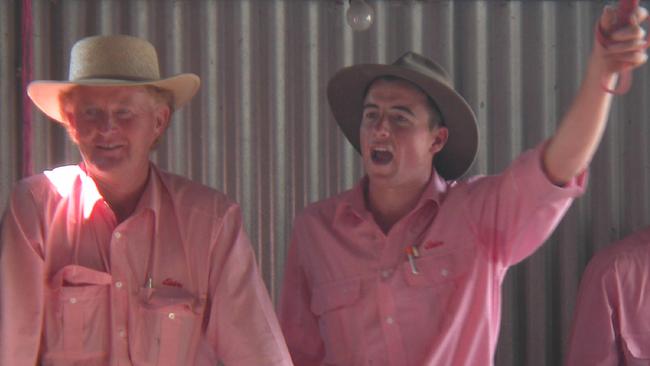 Stephen Street and Victoria's champion young auctioneer Brett Shea in action at the Myrtleford annual weaner sale in 2008.