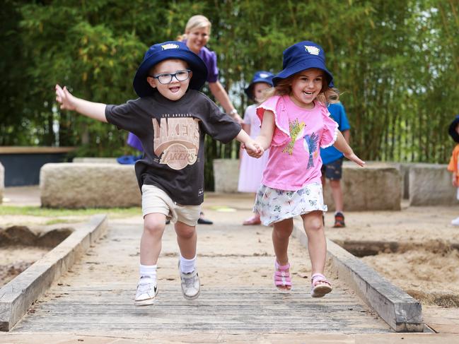 3-year-olds Carter Jones and Ava Westcott-Lewis at FitKidz in Rouse Hill. Operator Melissa Scaife is opening a tenth childcare centre this year due to the demand. Picture: Justin Lloyd