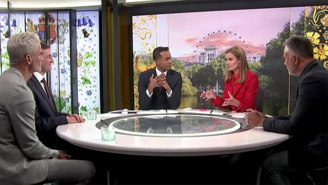 The ABC's panel during King Charles III's coronation on Saturday. Co-chair of the Australian Republic Movement Craig Foster, left, Liberal MP Julian Leeser, presenters Jeremy Fernandez and Julia Baird, and Q+A host Stan Grant