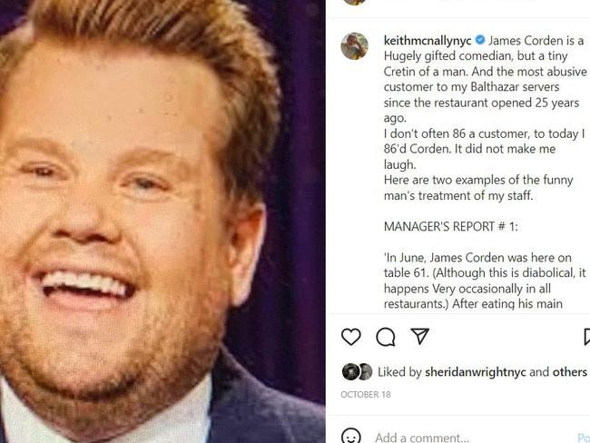 Balthazar owner Keith Mcnally’s post about James Corden rude behaviour. Picture: Instagram