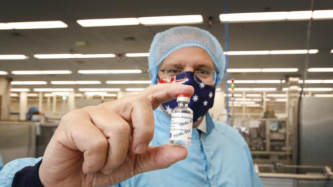 Then Prime Minister Scott Morrison visits the CSL vaccine manufacturing facility as it made Australia's Oxford-AstraZeneca COVID-19 vaccines. Pivcture: Getty Images