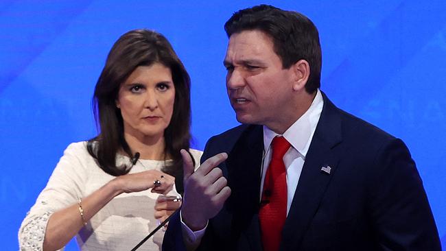 Nikki Haley and Ron DeSantis take a break during the NewsNation Republican Presidential Primary Debate in Alabama during the week. Picture: Getty Images via AFP