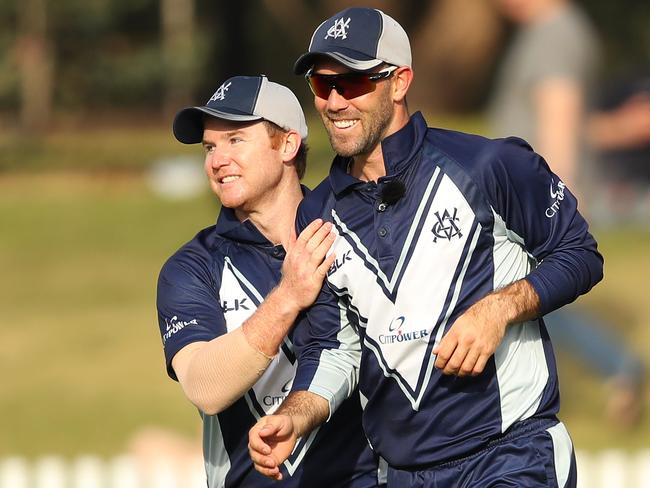 MELBOURNE, AUSTRALIA - OCTOBER 07:  Glenn Maxwell of Victoria celebrates with Travis Dean after taking a catch to dismiss Usman Qadir of Western Australia during the JLT One Day Cup Semi Final between Western Australia and Victoria at Junction Oval on October 7, 2018 in Melbourne, Australia.  (Photo by Scott Barbour/Getty Images)