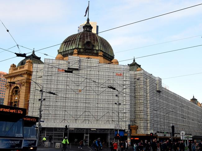 The front of the station remains hidden behind scaffolding. Picture: Nicole Garmston