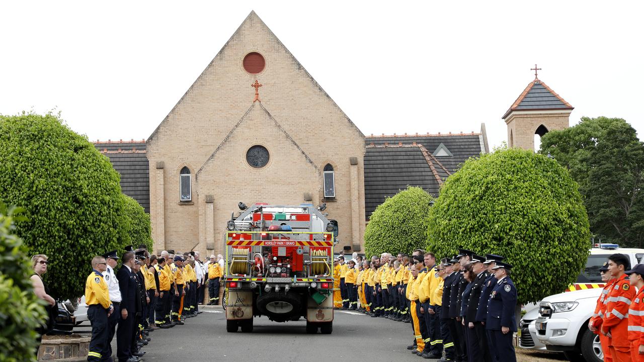 Funeral procession arrives for the start of RFS Firefighter Andrew O'Dwyer’s funeral. Picture: Chris Pavlich