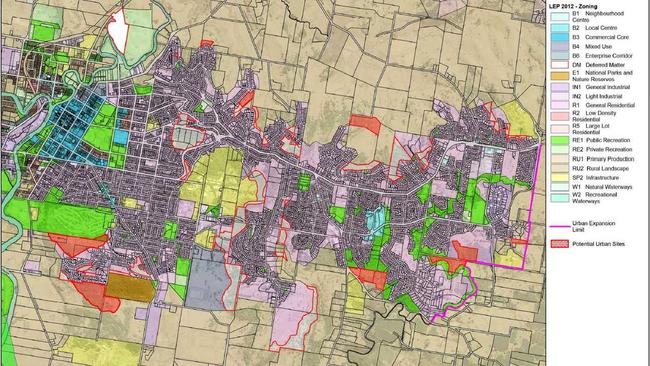 A Lismore City Council zoning map. The areas in red are sites for potential urban development.