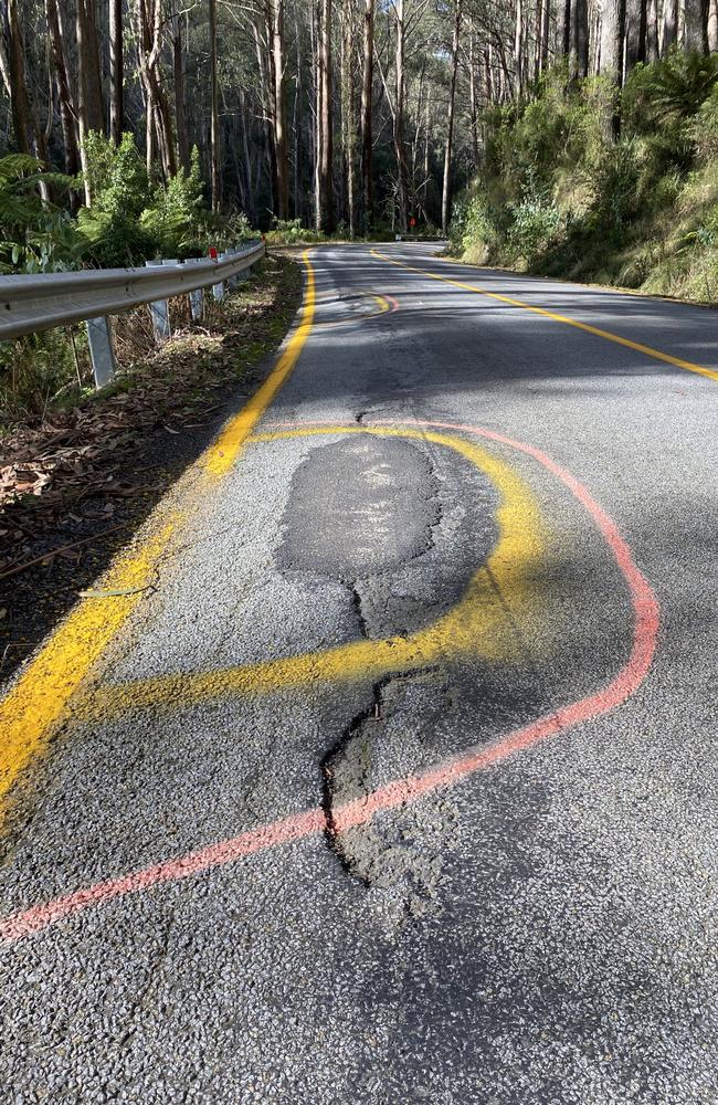 A painted pothole on the road through the Black Spur forest, near Healesville. Picture: Supplied