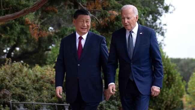 US President Joe Biden and Chinese President Xi Jinping walk together after a meeting during APEC. Picture: Brendan Smialowski /AFP