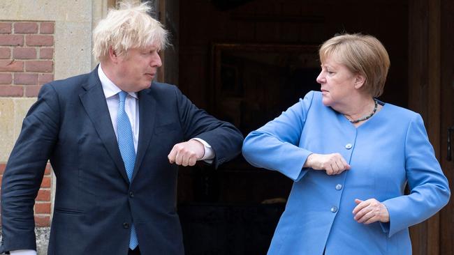 Boris Johnson welcomes German Chancellor Angela Merkel on her arrival at Chequers, Buckinghamshire. Picture: AFP