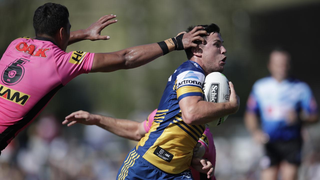 Mitchell Moses breaks through Panthers’ defence to score a try in Saturday’s trial match in Bega.