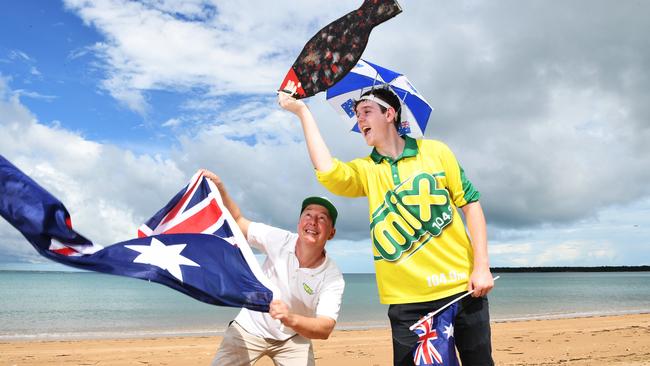 Australia Day celebrations at the Darwin Trailer Boat Club Mitch Danks [yellow shirt] and Andrew Thain get some practice in for the Barra Toss competition on a previous Australia Day. Picture Katrina Bridgeford.