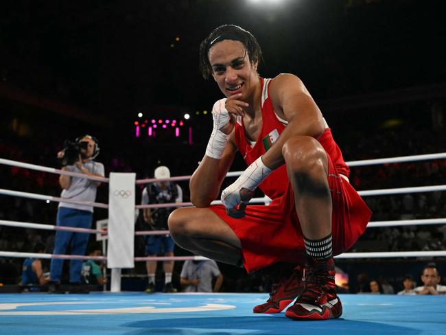 Imane Khelif reacts after winning the women’s 66kg final. Picture: AFP