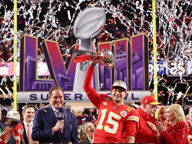 LAS VEGAS, NEVADA - FEBRUARY 11: Patrick Mahomes #15 of the Kansas City Chiefs holds the Lombardi Trophy after defeating the San Francisco 49ers 25-22 during Super Bowl LVIII at Allegiant Stadium on February 11, 2024 in Las Vegas, Nevada.   Jamie Squire/Getty Images/AFP (Photo by JAMIE SQUIRE / GETTY IMAGES NORTH AMERICA / Getty Images via AFP)