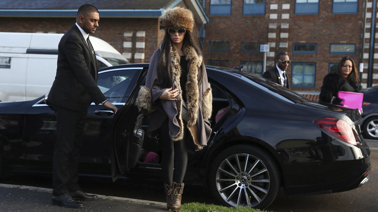 Katie Price arrives at Crawley Magistrates Court. Picture: Andrew Matthews/PA via AP