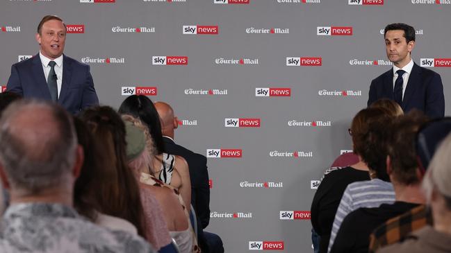 Queensland Premier Steven Miles and Opposition Leader David Crisafulli go head to head in the final election debate in front of 100 undecided voters at Suncorp Stadium. Picture: NewsWire / POOL/ Adam Head