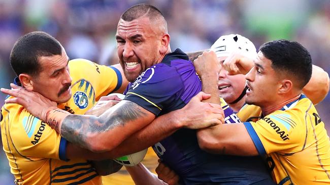 Storm enforcer Nelson Asofa-Solomona will test the patience of the Eels. Picture: Kelly Defina/Getty Images