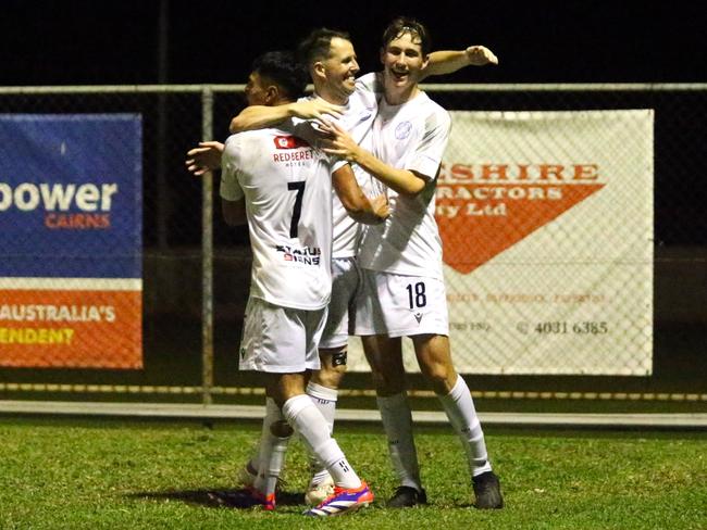 Pictured(l-r): CJ Lewis, Chris O'Hare and Cooper Kennedy. Marlin Coast Rangers v Leichhardt Lions. FQPL Far North &amp; Gulf 2024. Photo: Gyan-Reece Rocha