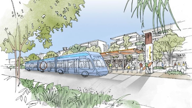 An artist's impression of a bus rapid transit vehicle at a minor interchange station as part of the Sunshine Coast Mass Transit project.